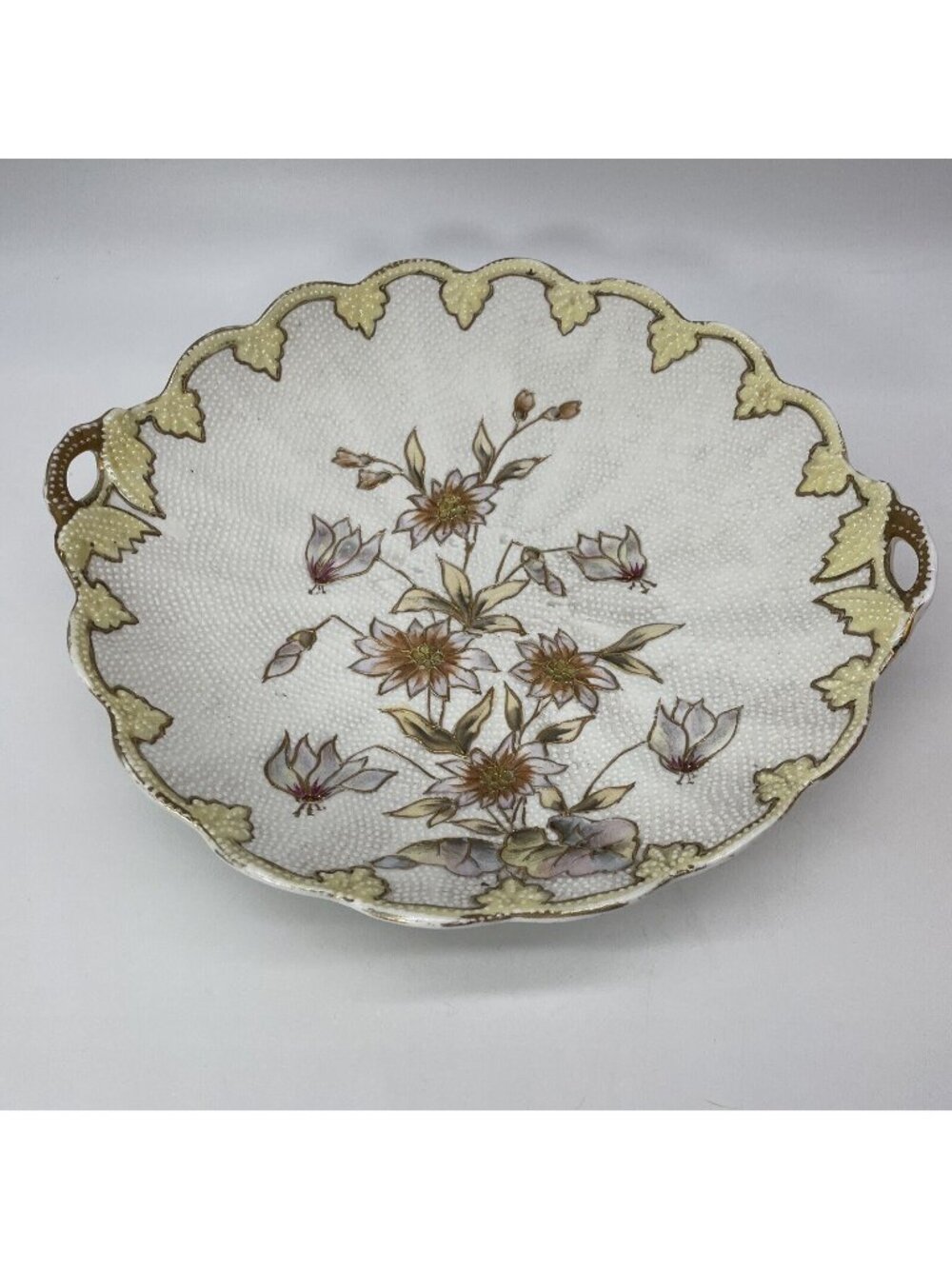 R S Prussia German Cir 1885-1900 Handled Cake Plate Bowl 11” Beaded Floral PICS